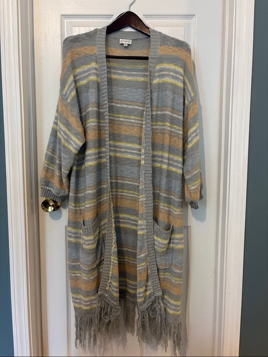 Waverly Sweaters - Light Gray & Yellow Striped Long Open Cardigan with Fringe.SizeXXL great w/jeans